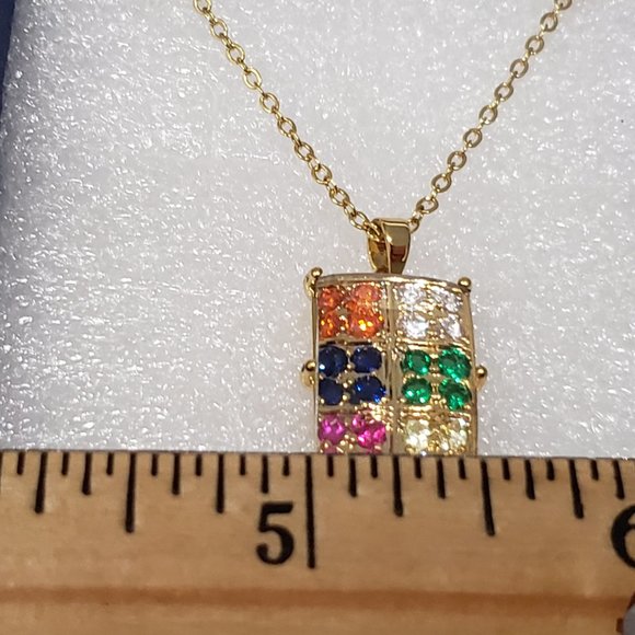 Multi-color cubic zirconia pendant 20 in plus adjustable in goldtone/Brass - Picture 3 of 4
